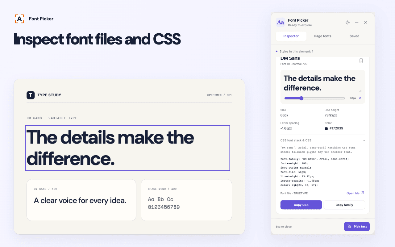 Font Picker inspector beside selected webpage text, showing font files, typography properties and Copy CSS.
