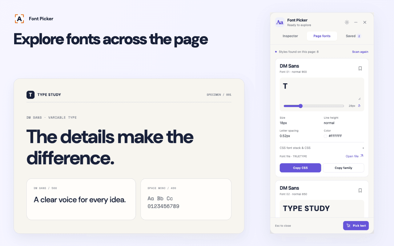 Font Picker Page fonts tab listing typography styles found across visible page text.