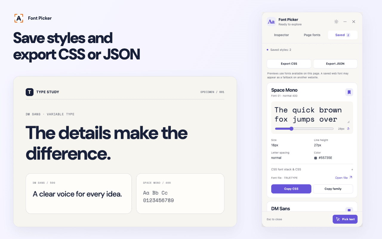 Font Picker Saved tab showing a local style collection and CSS or JSON export controls.