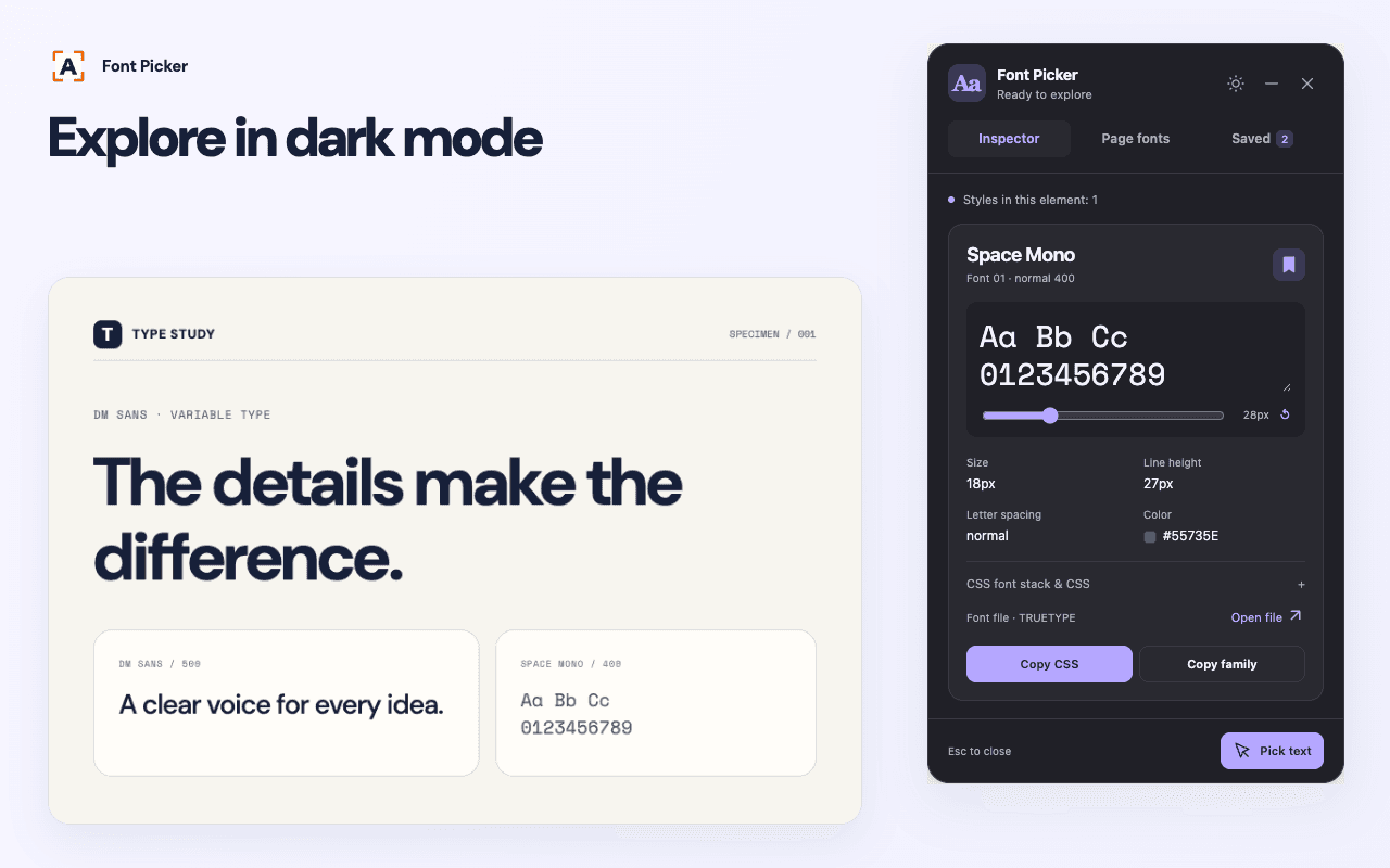Font Picker dark inspector showing a saved Space Mono style beside a light typography sample page.