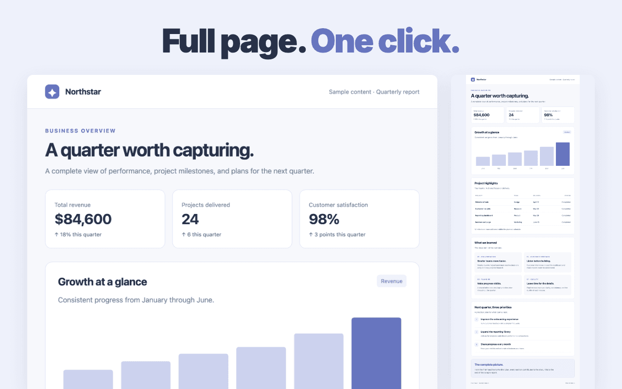 Scrolling Screenshot showing a quarterly-report webpage beside the resulting full-page PNG.
