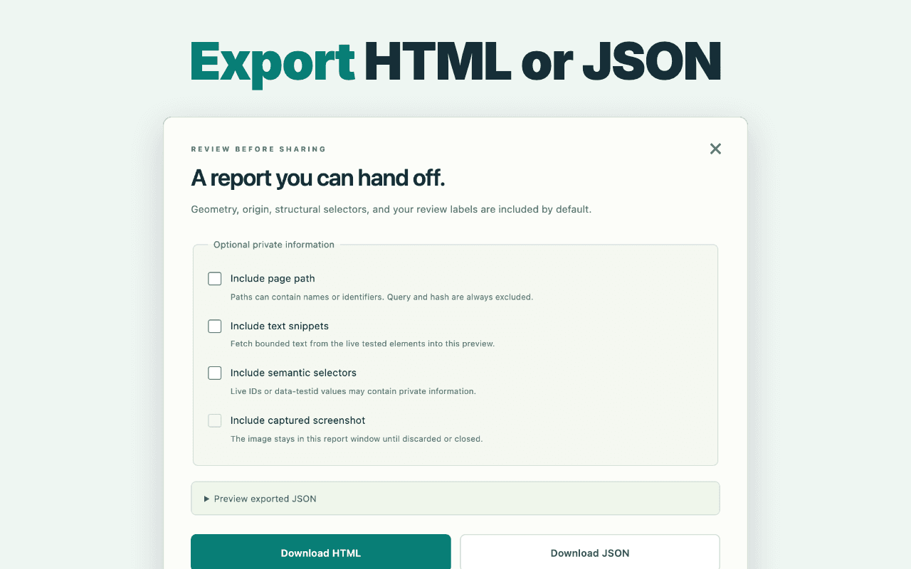 LocaleStress export preview offering optional page data and local HTML or JSON downloads.
