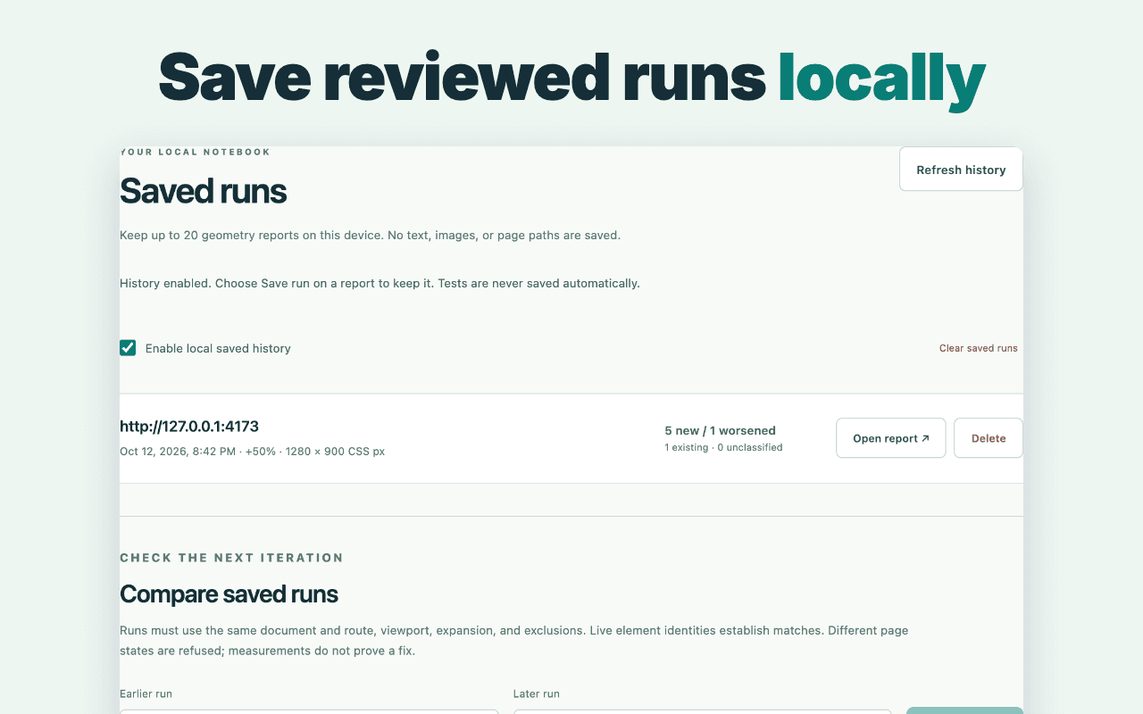 LocaleStress Saved runs page with optional local history, a saved report and comparison controls.