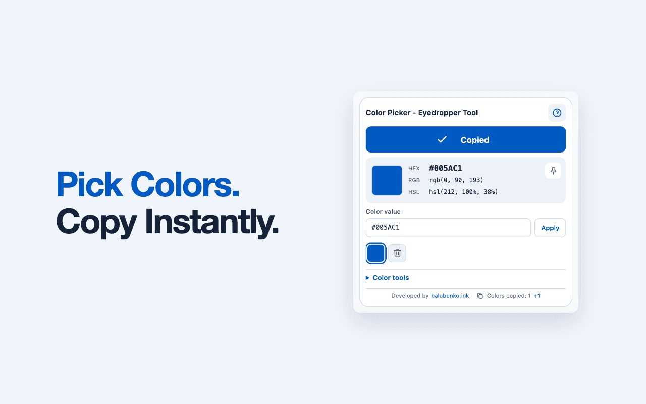 Native Color Picker popup showing a selected blue color and automatic HEX copying.