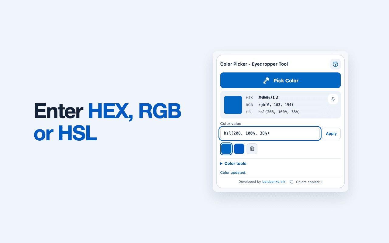 Native Color Picker popup with an HSL value entered in the color input.