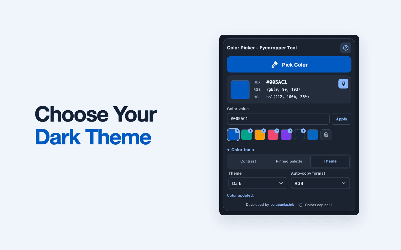 Native Color Picker dark theme with recent colors, a pinned palette and theme preferences.
