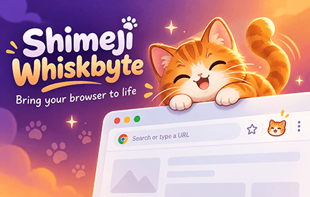Shimeji Whiskbyte promotional artwork featuring an orange cat above a browser window.