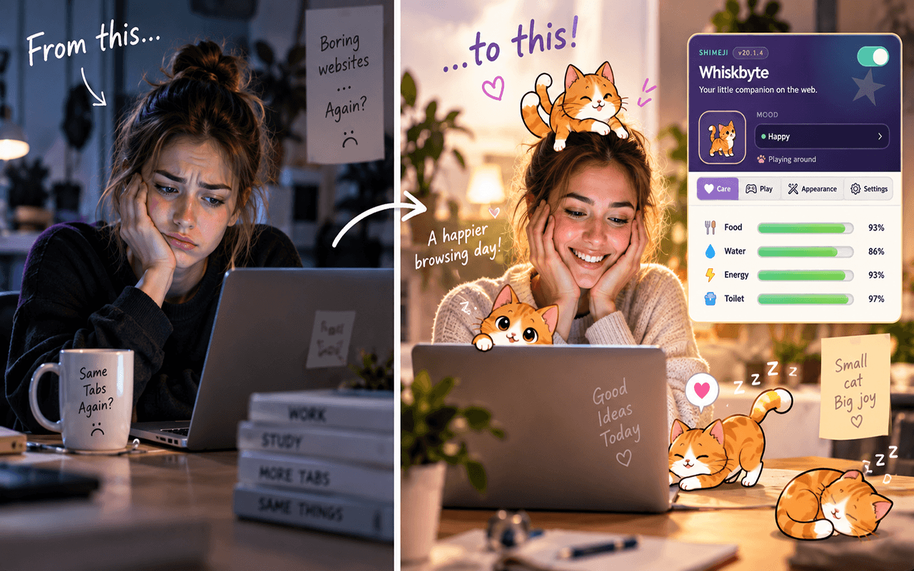 Shimeji Whiskbyte promotional comparison showing an orange cat companion and care panel during browsing.