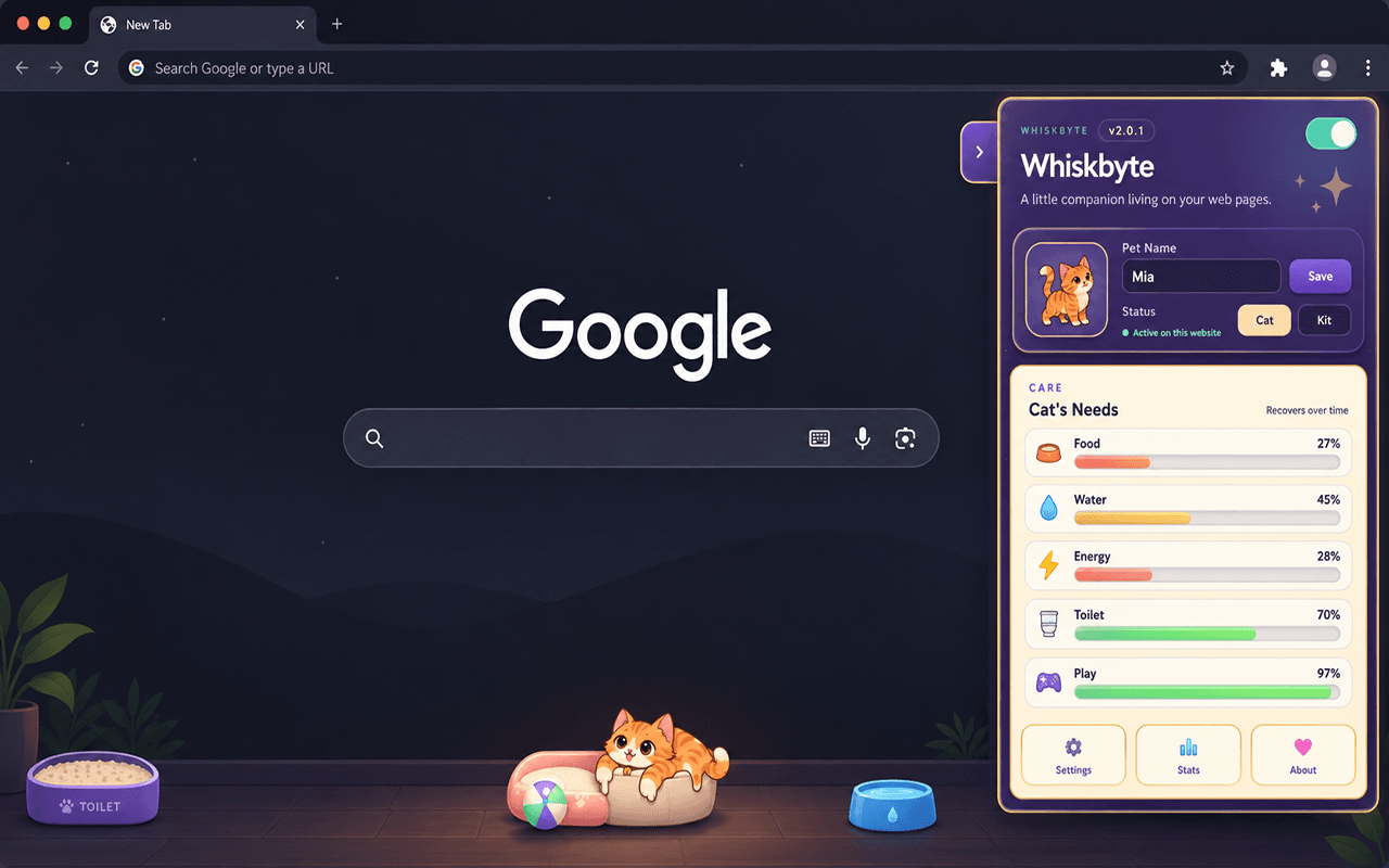 Shimeji Whiskbyte on a Google tab with the orange cat resting and its local care values in the popup.
